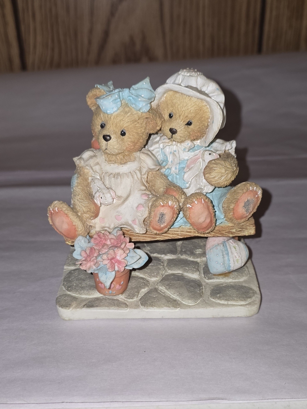Cherished Teddies Pastel Blue and Pink Bench Bears Figurine